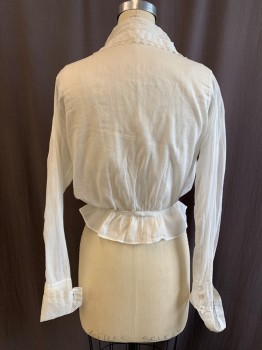 LA BLANCHE, White, Cotton, Solid, Batiste, Pearlized Button Front, Faggotting Vertical Stripes with Square Blocks, Pintuck Pleats From Shoulders, 3 Button High Collar Attached with Lace Trim, Fagootting on Collar, 3 Button Cuff with Extended Cuff, Twill Tape Waist Belt Attached at Back,