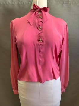 PATTY WOODARD, Pink, Polyester, Round Neckline, Neck Tie Attached, Pullover, Half Button Front, Long Sleeves
