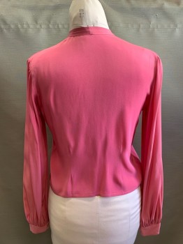 PATTY WOODARD, Pink, Polyester, Round Neckline, Neck Tie Attached, Pullover, Half Button Front, Long Sleeves