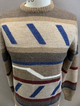 CAMPUS, Brown, Blue, Maroon Red, Brown, White, Acrylic, Wool, Abstract , Stripes, CN, L/S, Pullover,