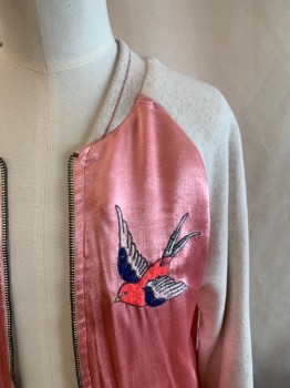 ZARA GIRLS, Cream, Dusty Rose Pink, Cotton, Polyester, Color Blocking, Zip Front, Long Sleeves, Satin Bodice and Knit Sleeves, Glitter Trim, 2 Sparrow Appliqués, 2 Sparrow and True Love Appliqués