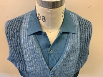 PRINCE IGOR, Dusty Blue, Lt Gray, Black, Wool, Solid, Heathered, Solid Dusty Blue Back, Sleeves & Attached Faux Dickie with Collar, Heathered V-neck, Cardigan