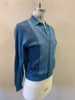 PRINCE IGOR, Dusty Blue, Lt Gray, Black, Wool, Solid, Heathered, Solid Dusty Blue Back, Sleeves & Attached Faux Dickie with Collar, Heathered V-neck, Cardigan