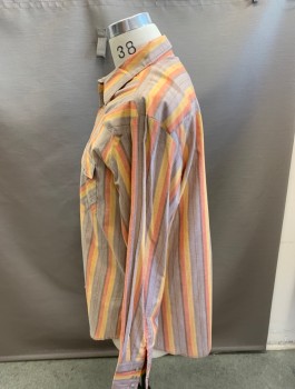 Wrangler, Tan Brown, Orange, Yellow, Brown, Polyester, Cotton, Stripes, L/S Western Collar Shirt Pearl Snap Front 2 Pockets,