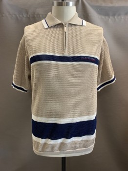 SOUTH POLE, Beige, Navy Blue, White, Polyester, Stripes - Vertical , C.A., 1/4 Zip Front, S/S, Navy & White Vertical Stripes on Collar/Front/Back/Cuffs, Rib Knit Collar & Cuffs 