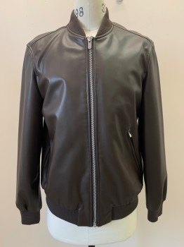 ZARA, Dk Brown, Leather, Solid, L/S, Zipper Front, Side And Chest, Collar Band,