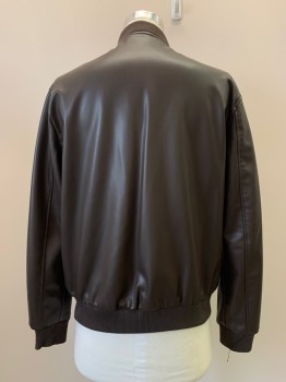 ZARA, Dk Brown, Leather, Solid, L/S, Zipper Front, Side And Chest, Collar Band,