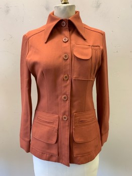 NO LABEL, Rust Orange, Polyester, Solid, L/S, Button Front, Collar Attached, Various Pockets