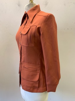 NO LABEL, Rust Orange, Polyester, Solid, L/S, Button Front, Collar Attached, Various Pockets