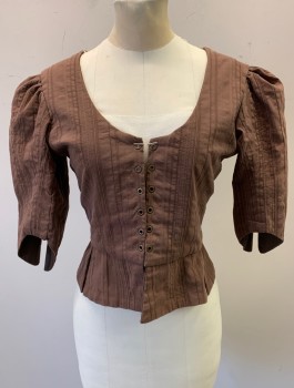 N/L MTO, Brown, Cotton, Stripes - Vertical , Self Stripe, 3/4 Sleeves Gathered at Shoulders, Scoop Neck, Grommets/Lace Up Center Front, Tabbed Waist, Made To Order 1600's Reproduction, **Missing Laces