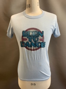 NL, Lt Blue, Cotton, CN, S/S, "Born To Dance" In Blue, Silver, & Magenta Glitter, *Stained