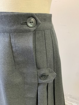 FLYNN O'HARA, Gray, Polyester, Wool, Solid, Gabardine, Pleated, 1.5" Wide Self Waistband, Wrap Closure with Buttons at Waist, Hem Above Knee,