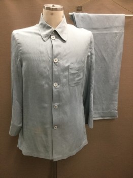 MTO, Lt Blue, Silk, Solid, Shirt: B.F., Rounded C.A., L/S, 1 Pckt,  Western Style Cuff, Side Seam Hem Slits, Discoloration Front Right Lower Shirt, Double Placket Button Front