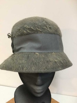 N/L, Gray, Tan Brown, Black, Wool, Speckled, Cloche, Fuzzy Felt with Longer Bits Of Tan and Black 2" Wide Grosgrain Band and Bow. Funny Center Part Detail. Wired Brim