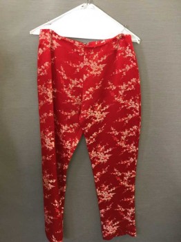 N/L, Red, Peach Orange, Floral, Peach Cherry Blossoms, Slim/Tapered Leg, Invisible Zipper At Center Back