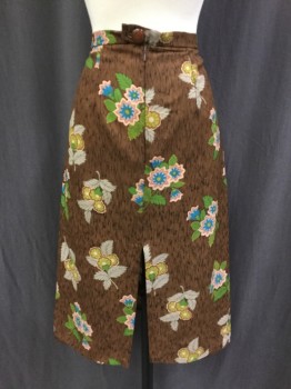 N/L, Brown, Kelly Green, Turquoise Blue, Rose Pink, Lt Beige, Polyester, Floral, Thatch Print with Fanciful Flowers, A-line with Little Gathers Front Side Waistband, Back Zipper, Back Slit