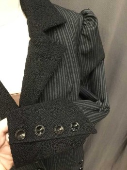 MTO, Black, Gray, Wool, Stripes - Vertical , Made To Order, 3 Black Buttons,  Collar/Cuffs Of Black Squiggle Lace, 4 Buttons On Cuffs, Peplum Center Back, Condition Excellent, Multiples,
