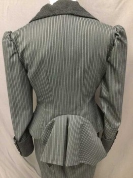 MTO, Black, Gray, Wool, Stripes - Vertical , Made To Order, 3 Black Buttons,  Collar/Cuffs Of Black Squiggle Lace, 4 Buttons On Cuffs, Peplum Center Back, Condition Excellent, Multiples,