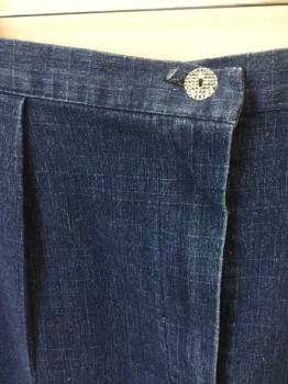 N/L, Denim Blue, Tan Brown, Lime Green, Cream, Cotton, Solid, Abstract , Medium Denim, 1 Pleat At Each Side Of Waist, High Waist, Wide Leg, Lighter Denim Band At Hem with Tan, Lime and Cream Cord Applique Detail, Zip Fly, Elastic At Center Back Waist, No Pockets,