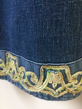 N/L, Denim Blue, Tan Brown, Lime Green, Cream, Cotton, Solid, Abstract , Medium Denim, 1 Pleat At Each Side Of Waist, High Waist, Wide Leg, Lighter Denim Band At Hem with Tan, Lime and Cream Cord Applique Detail, Zip Fly, Elastic At Center Back Waist, No Pockets,