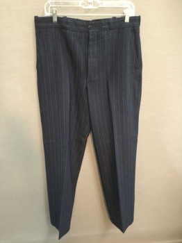 NO LABEL, Navy Blue, Gray, Wool, Stripes, Flat Front, Zip Front, No Back Pockets, Tears and Repairs On Seat Of Pants,