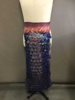 N/L, Multi-color, Silk, Suede, Abstract , Self Ties At Waist, Blue/Lavender "Feathers" Panel Over Patterned Fabric