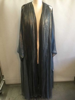 N/L, Navy Blue, Gold, Polyester, Solid, Open Front Robe, Navy/Gold Changeable Metallic Lame, Finely Pleated at Shoulders, Sleeveless, Open Center Front, Floor Length Hem