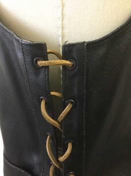FMC, Black, Brown, Leather, Solid, Black Leather with Brown Suede Laces at Sides, Large Brown Cow-Skull with Feathers Painted on Back, Snap Front, V-neck, Western Style Pointed Yoke, 2 Pockets, Black Lining