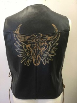 FMC, Black, Brown, Leather, Solid, Black Leather with Brown Suede Laces at Sides, Large Brown Cow-Skull with Feathers Painted on Back, Snap Front, V-neck, Western Style Pointed Yoke, 2 Pockets, Black Lining
