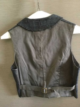 N/L, Black, Charcoal Gray, Synthetic, Poly/Cotton, Tweed, Working Class Boys Vest. Shawl Collar, 5 Button Single Breasted, , 2 Slit Pockets, Raw Edged with Thread Bare Areas. Broadcloth Back & Lining, Adjustable Waist Back