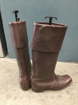 MTO, Dk Brown, Leather, Solid, Pull on Boot. Cuffed Below Knee. Square Toe