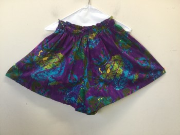 MTO, Purple, Cotton, Novelty Pattern, Wide Leg Shorts, Rushed and Elasticated at Waist Line. Fish and Seahorse Batik Print