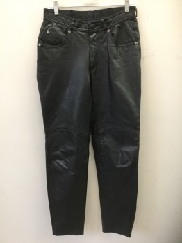 CHIA, Black, Leather, Solid, Zip Fly, 5 Pockets, Belt Loops, Tapered Leg