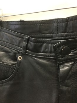 CHIA, Black, Leather, Solid, Zip Fly, 5 Pockets, Belt Loops, Tapered Leg