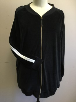 A. TIZIANO, Black, White, Cotton, Polyester, Solid, Velour Tracksuit, Zip Front, Ribbed Knit Collar/Cuff/Waistband, White Stripes Down Raglan Long Sleeves, 2 Zip Pockets