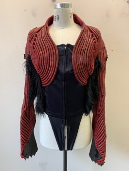 MTO, Red, Black, Copper Metallic, Spandex, Rubber, Reptile/Snakeskin, Stripes, Swirly Piping Applique on Spandex, Zip Front, Extra Long Sleeves, Black Spandex Front and Back Panel with Holes Cut for Suspenders, Crotch Strap with Snaps, Furry Side Panels, Rubber Webbed Fin at Wrists, Multiple