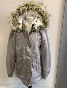 H&M, Putty/Khaki Gray, White, Polyester, Solid, Girls Parka, White Plush Lining, Hooded, Zip Front, Brown/Gray Faux Fur Trim Around Hood, 4 Pockets, Drawstring at Waist, Multiples, **Hood is Detachable