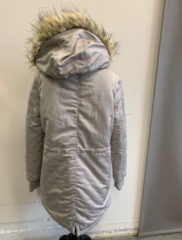 H&M, Putty/Khaki Gray, White, Polyester, Solid, Girls Parka, White Plush Lining, Hooded, Zip Front, Brown/Gray Faux Fur Trim Around Hood, 4 Pockets, Drawstring at Waist, Multiples, **Hood is Detachable