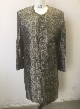 SERJ, Gold, Black, Polyester, Floral, Brocade, Gold and Black Metallic Gimp Trim, Self Fabric Covered Buttons, Round Neck,  Cuffed Sleeves, 2 Decorative Pocket Flaps, Center Back Vents at Hem, Beige Cotton Lining, Made To Order, Wealthy Court , Frock Coat