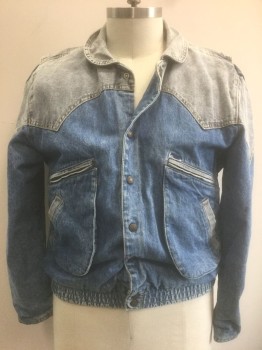GUESS, Denim Blue, Lt Blue, Cotton, Color Blocking, Denim Jacket, Lighter Faded Denim at Shoulder Yoke and Collar, Snap Closures at Front, Rounded Collar Attached, Western Style Pointed Yoke,