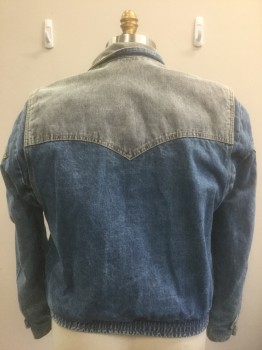 GUESS, Denim Blue, Lt Blue, Cotton, Color Blocking, Denim Jacket, Lighter Faded Denim at Shoulder Yoke and Collar, Snap Closures at Front, Rounded Collar Attached, Western Style Pointed Yoke,