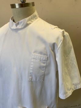 WORK IN STYLE .COM, White, Poly/Cotton, Solid, Twill, Short Sleeves, Stand Collar, Asymmetric Snap Closure at Side Front, 2 Patch Pockets, Self Waistband at Center Back Waist with Pleats