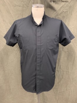 SUMMER COMFORT, Black, Poly/Cotton, Solid, Button Front with Hidden Placket, Short Sleeves, Collar Attached Tacked Down, 2 Pockets, *Missing Collar Button* Priest, Clergy