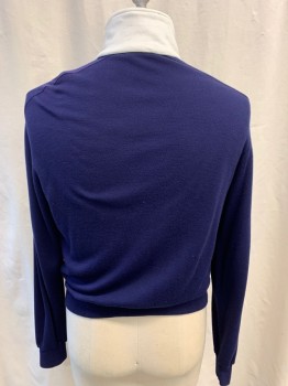 STAG WHITE, Navy Blue, Cotton, Acrylic, Jacket, White Collar, Shoulders,  Teal, Red, & Light Blue Trim, Mock Neck, Zip Front, Long Sleeves
*Small Stain on Left Shoulder