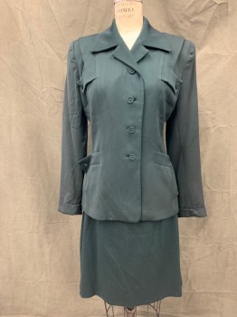 N/L, Forest Green, Wool, Silk, Solid, 4 Self Fabric Covered Button Front, Collar Attached, Notched Lapel, Shoulder Tab Panels with Button Tabs, 2 Pockets, Long Sleeves, Turned Back Cuff, Shoulder Pads, *Shoulder Discoloration*,