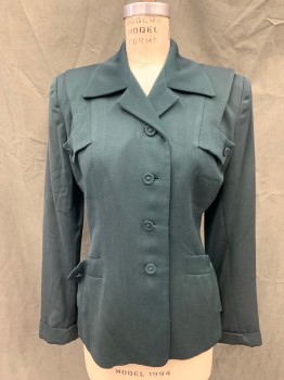 N/L, Forest Green, Wool, Silk, Solid, 4 Self Fabric Covered Button Front, Collar Attached, Notched Lapel, Shoulder Tab Panels with Button Tabs, 2 Pockets, Long Sleeves, Turned Back Cuff, Shoulder Pads, *Shoulder Discoloration*,