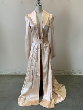 N/L, Peach Orange, Silk, Solid, Satin, Long Sleeves, Shawl Lapel with Sailor Style Back, Self Belt with Round Buckle Tacked at Waist with Hook & Bar Closures, Flared Sleeves, Floor Length with Train,