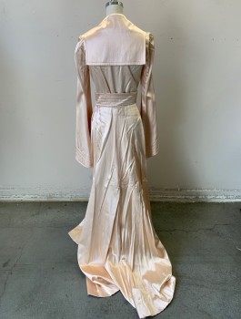 N/L, Peach Orange, Silk, Solid, Satin, Long Sleeves, Shawl Lapel with Sailor Style Back, Self Belt with Round Buckle Tacked at Waist with Hook & Bar Closures, Flared Sleeves, Floor Length with Train,
