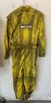 N/L, Yellow, Gray, Silver, Nylon, Mottled, Long Sleeves, Zip Front, Aged/Distressed,  Stand Collar, Velcro Tabs, Reflective Tape "DMC" and Trim, Sci Fi Prisoner, Barcode on Back of Suit