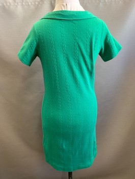 N/L, Green, Cotton, Solid, Knit, Vertical Cabled Stripes, Short Sleeves, Boat Neck, Shift Dress, Knee Length,